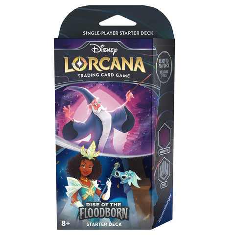 Disney Lorcana: Rise of the Floodborn - Starter Deck (Amethyst  & Steel - Merlin & Tiana)