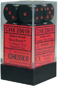 Chessex - Opaque 12D6-Die Dice Set - Black/Red 16MM