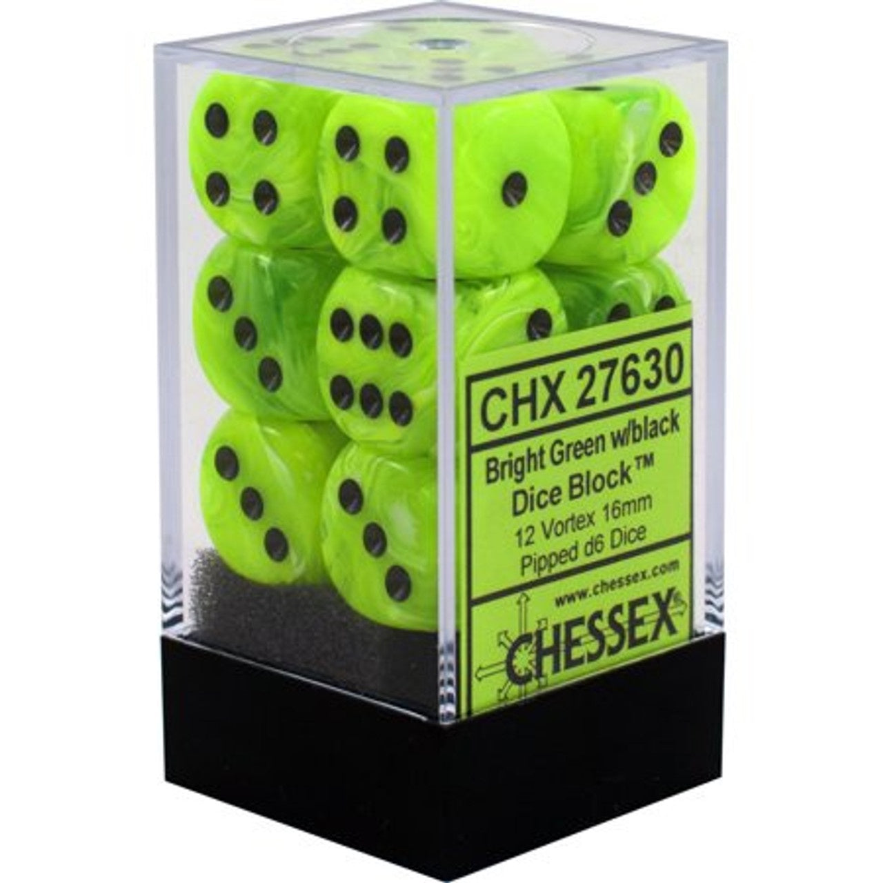 Chessex - Vortex 12D6-Die Dice Block Set - Bright Green/Black 16MM