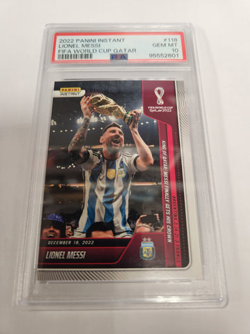 Lionel Messi King of Qatar: Messi Finally Gets His Crown 2022 Panini Instant World Cup Qatar FIFA #118 (1 of 22081) (PSA Graded 10 Gem Mint)