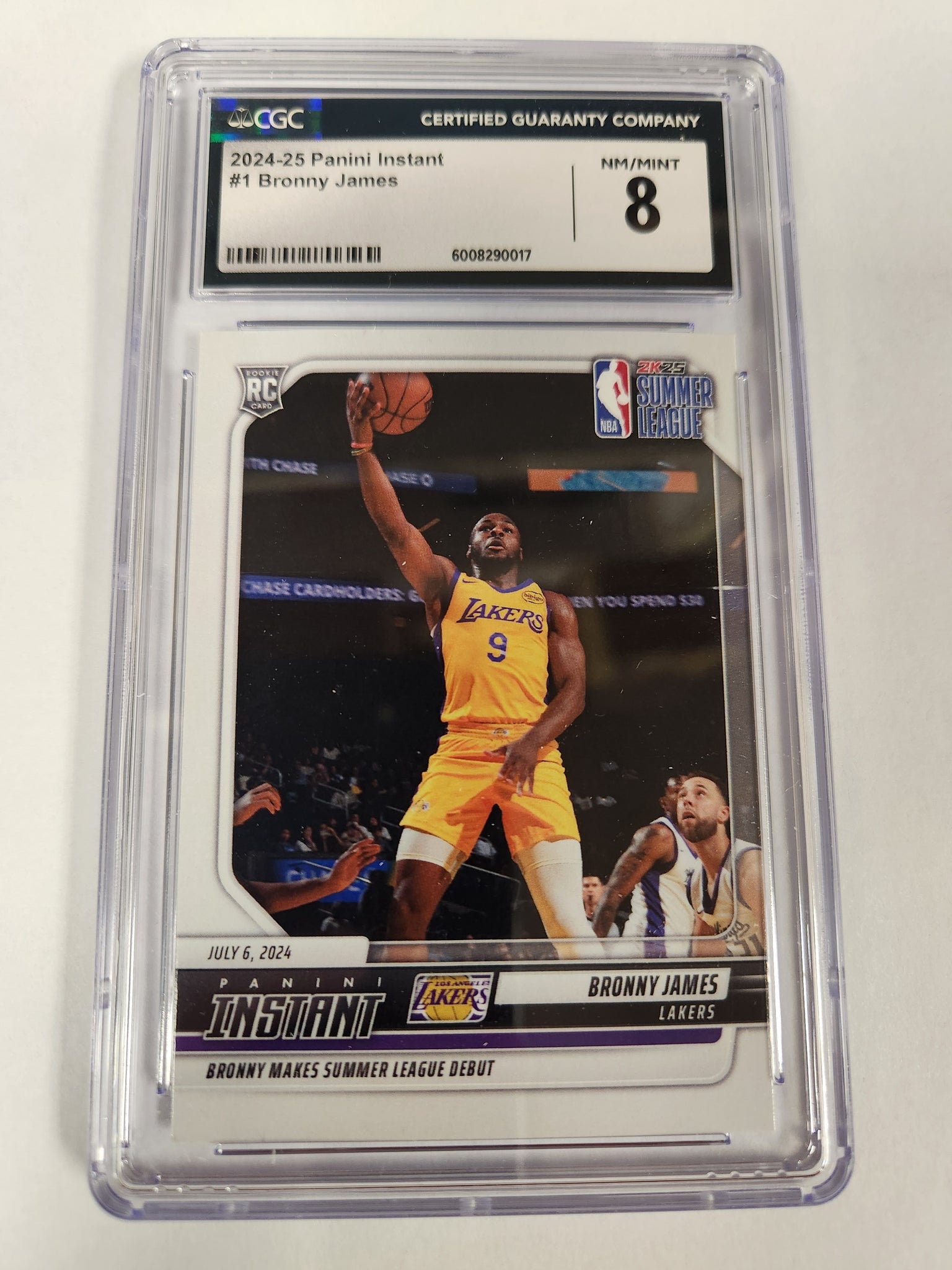 2024-25 Panini Instant NBA #1 Bronny James "Bronny Makes Summer League Debut" Los Angeles Lakers RC (Rookie Card) 1 of 1654 (CGC Graded 8)