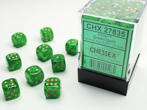 Chessex - Vortex 36D6-Die Dice Set - Green/Gold 12MM