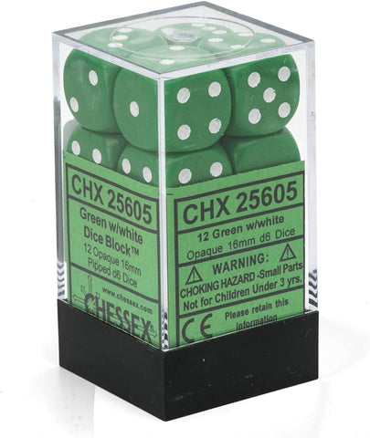 Chessex - Opaque 12D6-Die Dice Set - Green/White 16MM