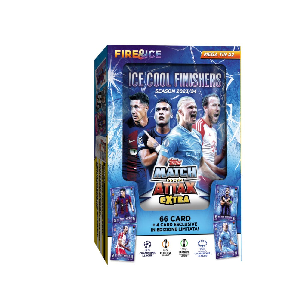 2023-24 Topps Match Attax Extra UEFA Champions League Cards Fire & Ice Mega Tin #2 - Ice Cool Finishers (66 Cards + 4 LE)