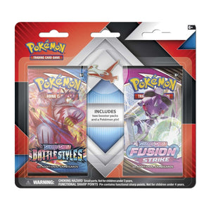 Pokemon 2 Booster Packs (1 Fusion Strike/1 Battle Styles) & Pin