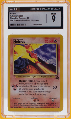 Pokemon: The Movie Legendary Birds Promo - Moltres #21 - The Power of One - Error Illustrator - WOTC Black Star PROMO Pokemon Card (CGC Graded 9)