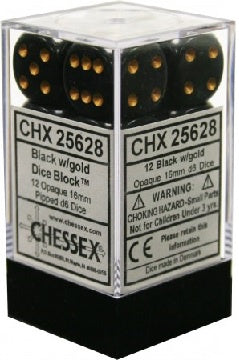 Chessex - Opaque 12D6-Die Dice Set - Black/Gold 16MM