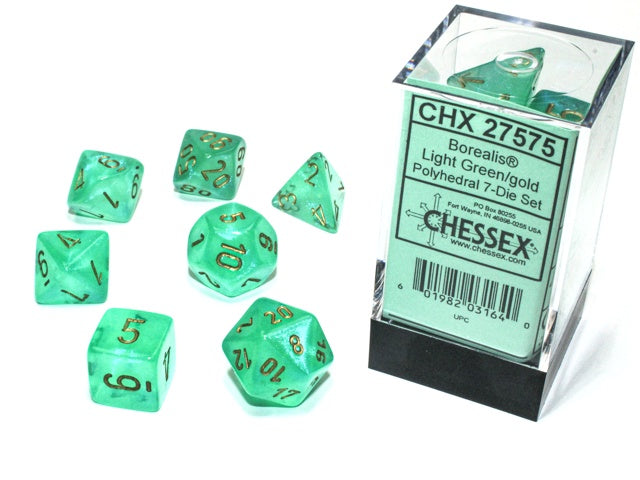 Chessex - Borealis Polyhedral 7-Die Dice Set - Light Green/Gold
