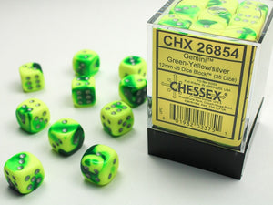 Chessex - Gemini 36D6-Die Dice Set - Green-Yellow/Silver 12MM