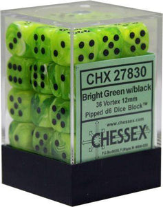 Chessex - Vortex 36D6-Die Dice Set - Bright Green/Black 12MM