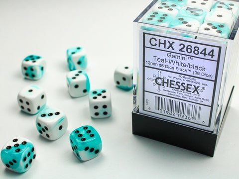 Chessex - Gemini 36D6-Die Dice Set - Teal-White/Black 12MM