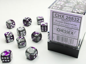 Chessex - Gemini 36D6-Die Dice Set - Purple-Steel/White 12MM