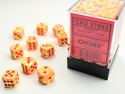 Chessex - Festive 36D6-Die Dice Set - Sunburst/Red 12MM