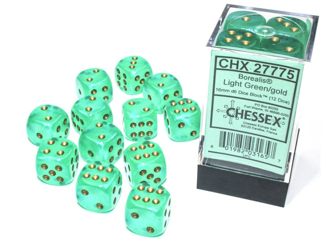 Chessex - Borealis 12D6-Die Dice Set - Light Green/Gold 16MM Luminary