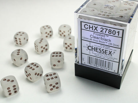 Chessex - Frosted 36D6-Die Dice Set - Clear/Black 12MM