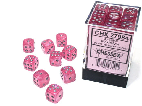 Chessex - Borealis 36D6-Die Dice Set - Pink/Silver 12MM