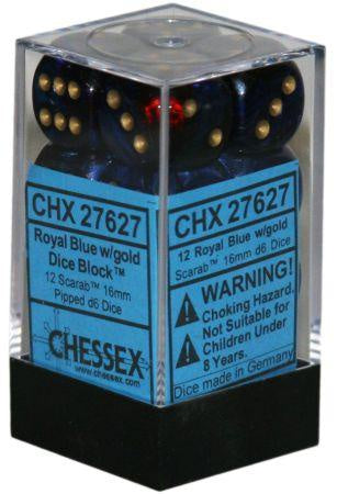 Chessex - Scarab 12D6-Die Dice Set - Royal Blue/Gold