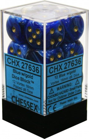 Chessex - Vortex 12D6-Die Dice Block Set - Blue/Gold 16MM