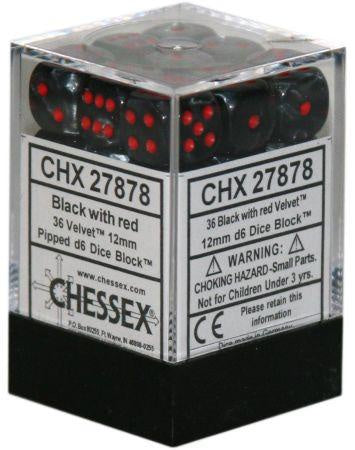 Chessex - Velvet 36D6-Die Dice Set - Black/Red 12MM