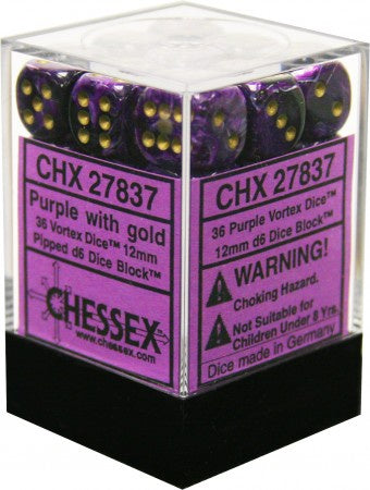 Chessex - Vortex 36D6-Die Dice Set - Purple/Gold 12MM