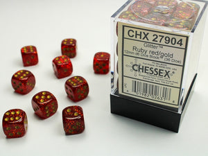 Chessex - Glitter 36D6-Die Dice Set - Ruby Red/Gold 12MM