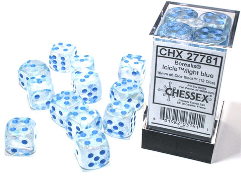 Chessex - Borealis 12D6-Die Dice Set - Icicle/Light Blue 16MM Luminary