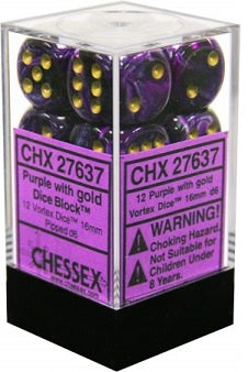 Chessex - Vortex 12D6-Die Dice Block Set - Purple/Gold 16MM (No Container)