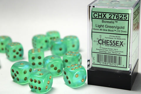 Chessex - Borealis 12D6-Die Dice Set - Light Green/Gold 16MM