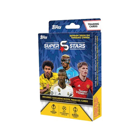 2023-24 Topps UEFA Champions League SuperStars Cards - 4-Pack Hanger Box (32 Cards + 2 Mystic Parallels)
