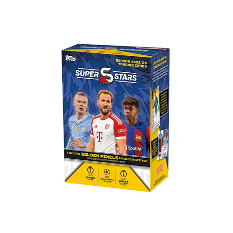 2023-24 Topps Superstars UEFA Champions League Cards – 8-pack Mega Blaster Box (64 Cards + 4 Golden Pixel Parallels)