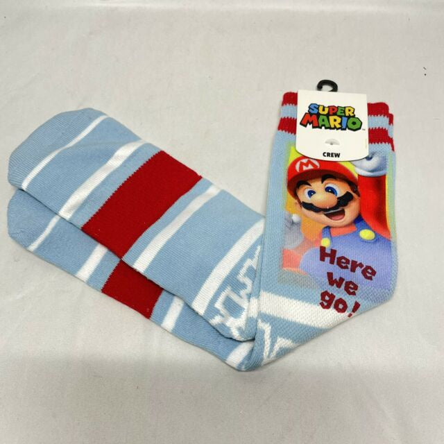 Super Mario Sublimation Here We Go Crew - 1 Pair Character Crew Socks - Sock Size 10-13