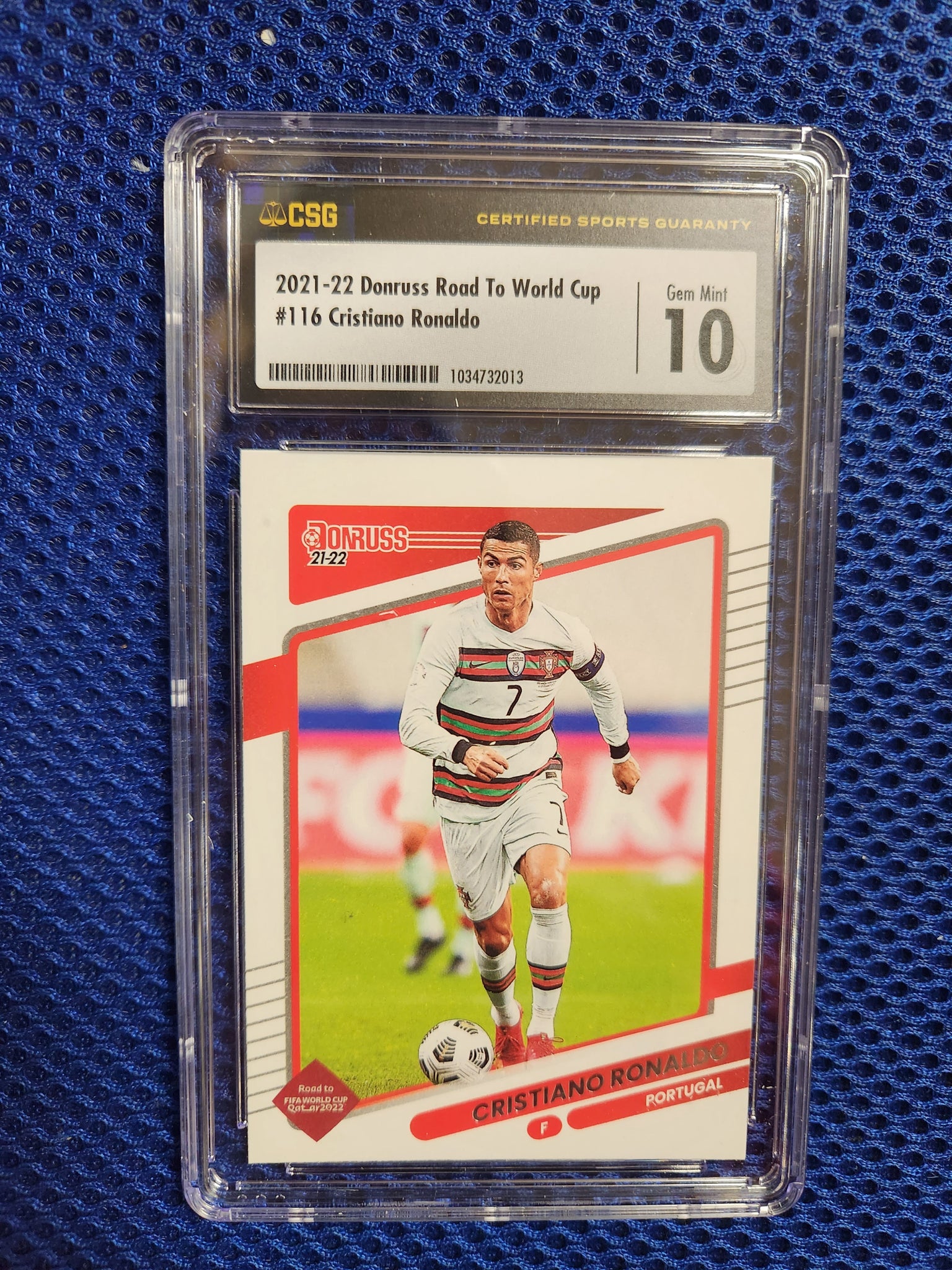 Cristiano Ronaldo 2021-22 Donruss Road to World Cup #116 (In Portugal National Jersey) (CGC Graded 10)