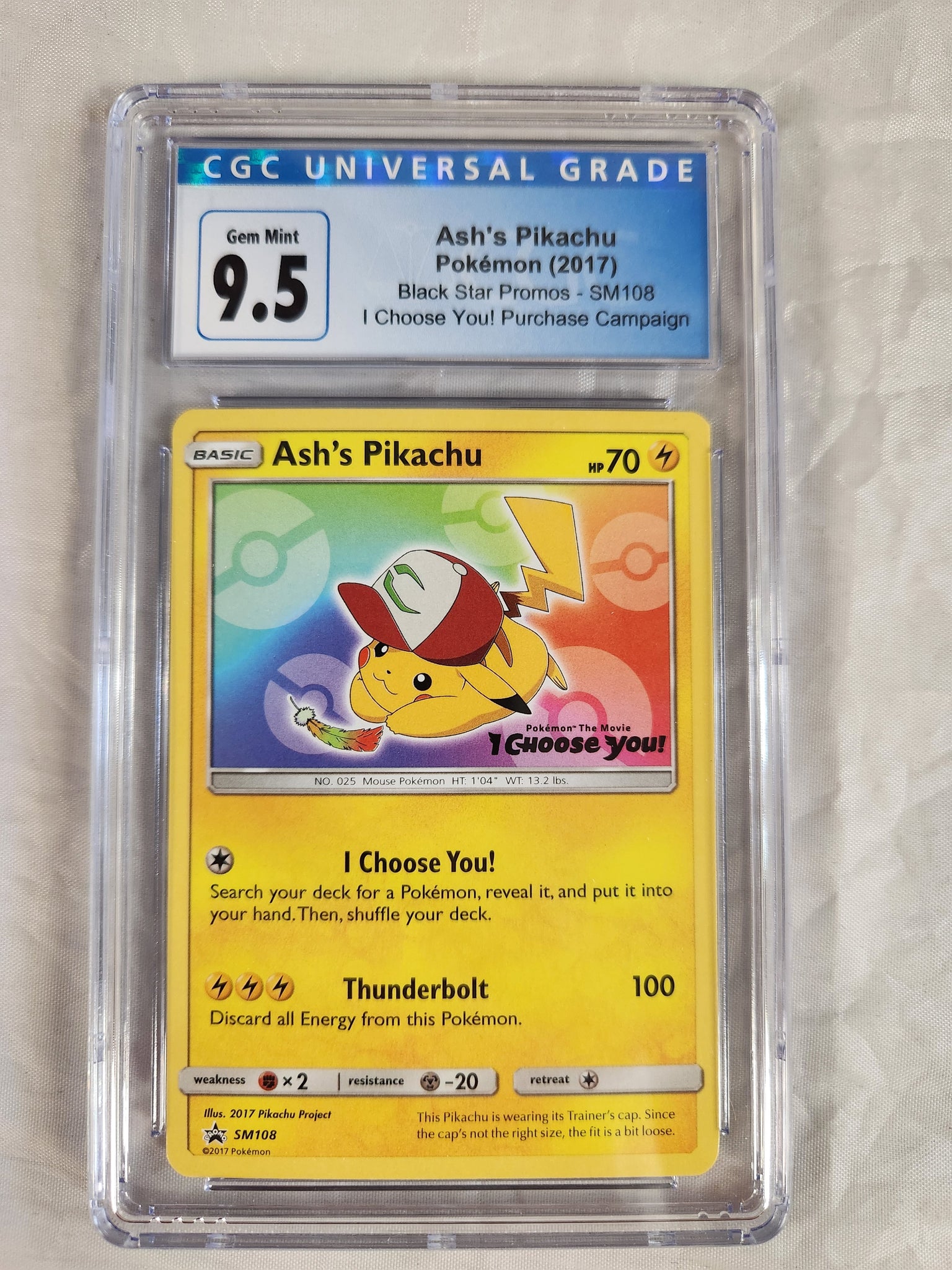 Ash's Pikachu – Pokemon (2017) - Black Star Promos - SM108 - I Choose You! Purchase Campaign  - CGC Graded 10 Gem Mint