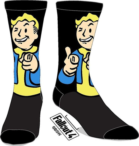 Fallout Thumbs Up Vault Boy Black and Gray - 1 Pair Character Crew Socks - Sock Size 10-13