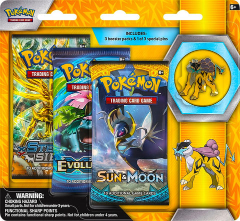 Pokemon - Legends of Johto  3 Pack Blister Collector's Pin Pack - Raikou (Steam Siege, XY Evolutions and Sun & Moon Booster Packs)