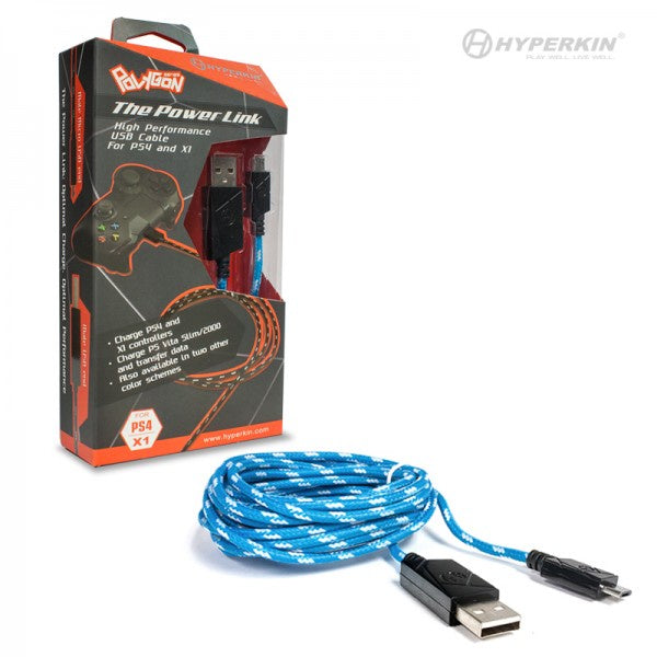 PS4/ X1/ PS Vita 2000 Micro USB Charge Cable (Blue/White) 10 ft - Hyperkin Polygon - Universal