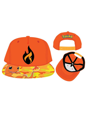 POKEMON - CHARMANDER - Sublimated Camo Bill 3D Embroid Black Flame Snapback Cap ORANGE