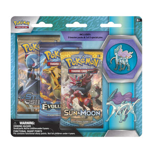 Pokemon - 3 Pack Blister Collector's Pin Pack - Suicune (Steam Siege, XY Evolutions and Sun & Moon Booster Packs)(Minor Package Creasing)