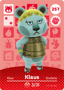 257 Klaus Authentic Animal Crossing Amiibo Card - Series 3