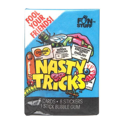 1990 Nasty Tricks Fun Stuff Confex Trading Card Pack (6 Cards and 8 Stickers + 30 Year Old Gum in Every Pack)