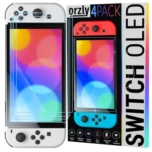 Nintendo Switch OLED Premium Tempered Glass Screen Protector (4 Pack) [Orzly]