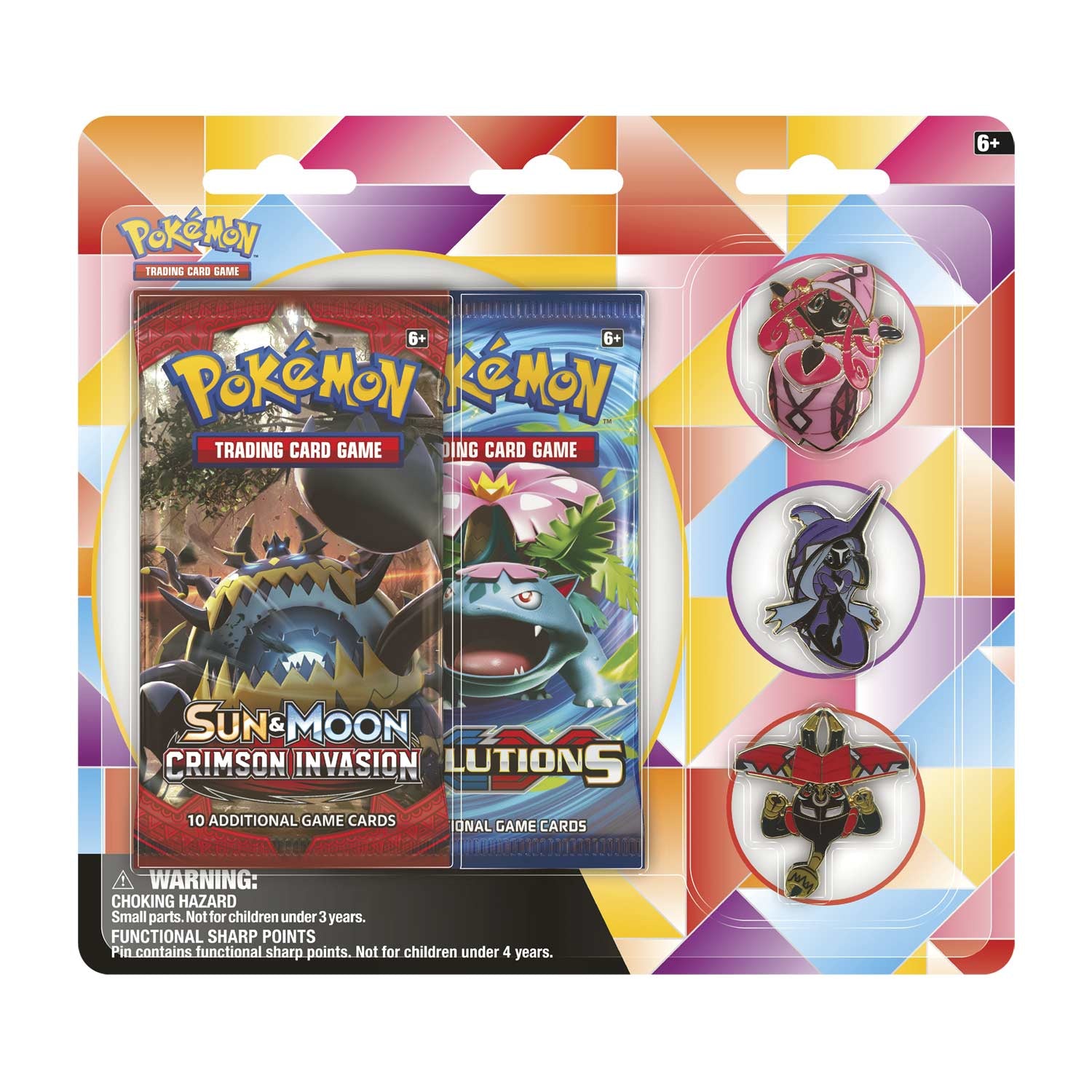 Pokemon: 2 Booster Packs & 3 Island Guardian Collector's Pins (Crimson Invasion and XY Evolutions Booster Packs)(Minor Package Creasing)