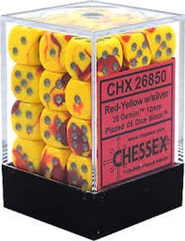 Chessex - Gemini 36D6-Die Dice Set - Red-Yellow/Silver 12MM