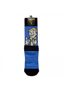 Fallout Vault Boy Pointing Black and Blue - 1 Pair Character Crew Socks - Sock Size 10-13