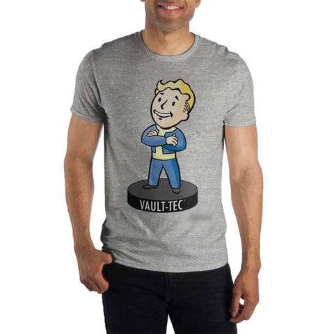 Fallout Vault Boy Arms Crossed Bobblehead Vault-Tec Corporation Specialty Soft Hand Print Men's Gray T-Shirt