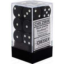 Chessex - Opaque 12D6-Die Dice Set - Black/White 16MM