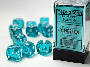 Chessex - Translucent 12D6-Die Dice Set - Teal/White 16MM