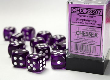 Chessex - Translucent 12D6-Die Dice Set - Purple/White 16MM