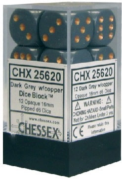 Chessex - Opaque 12D6-Die Dice Set - Dark Grey/Copper 16MM