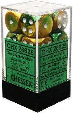 Chessex - Gemini 12D6-Die Dice Set - Gold-Green/White 16MM